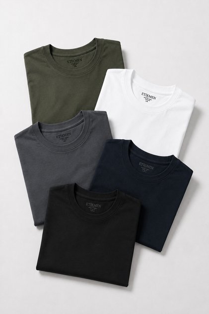 5-Pack Premium 100% Organic Cotton Basic Slimfit White-Khaki-Black-Navy Blue-Smoked Men's T-Shirt