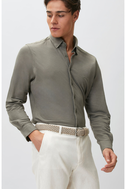 Slim Fit Haki Uzun Kol Örme Gömlek