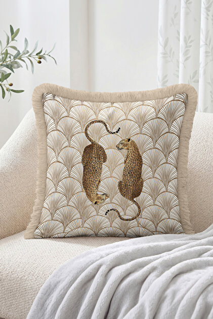 Leopard Figured Art Deco Fan Patterned Beige and Gold Tone Fringed-Tasseled Throw Pillow Cover Modern