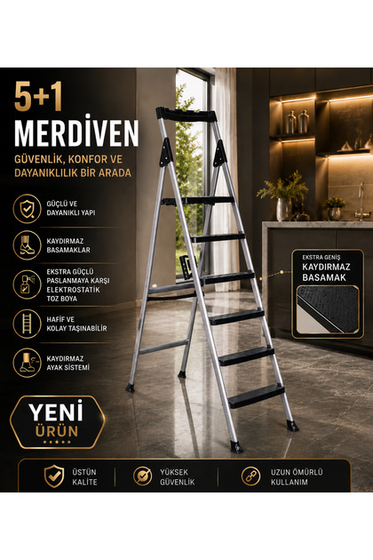5+1 MERDİVEN Özel Tasarım Ekstra Geniş Kaydırmaz Basamak Kolay Taşıma Aparatlı Merdiven
