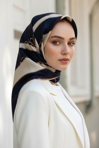 100% Twill Silk Polka Dot and Geometric Pattern Navy Blue - Cream Colored 90X90 Scarf Sewing Shape: Hand