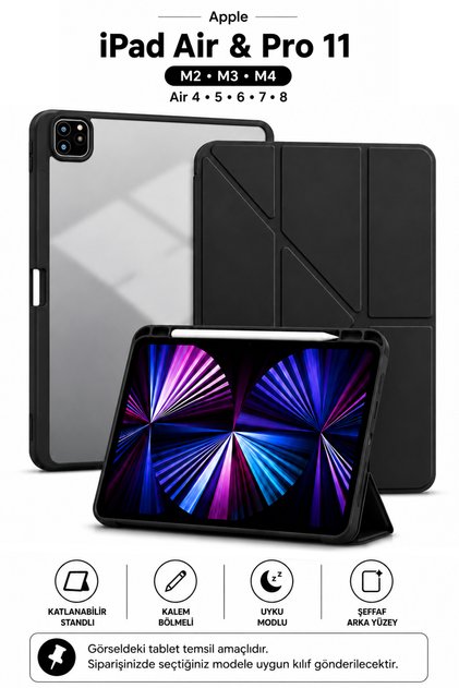 iPad Air 11 M2/M3/M4 - Air 4/5/6/7/8 Nesil ve iPad Pro 11 (2018-2022) Manyetik Kalem Bölmeli Şeffaf Uyku Modlu Kılıf