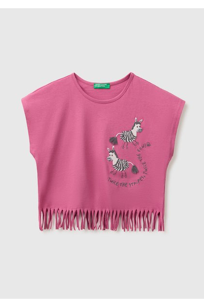 Kız Çocuk Gül Kurusu Eteği Püskül Detaylı Kimono Kollu T-Shirt