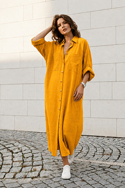 Women's Mustard Bat Long Sleeve Oversize Linen Blend Tunic Shirt Dress Hijab Tunic Yb3282350