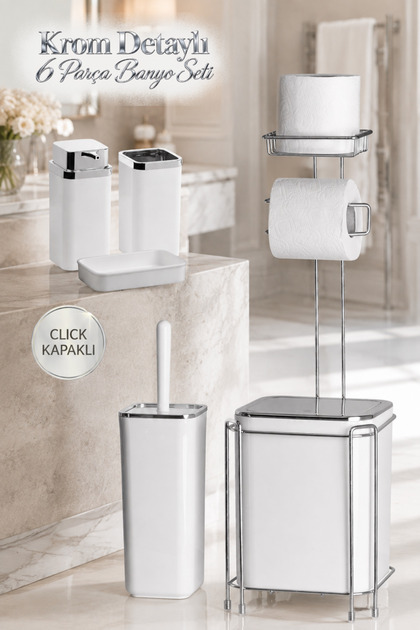 HGY Home Krom Detaylı Kare Yedekli WC Kağıtlık ve 6 Parça Banyo Seti - Kırık Beyaz