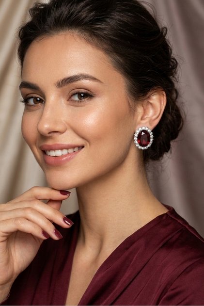 Bordo Taşlı Küpe Choker Tasma Gümüş Kaplama Kına Oval Küpe Abiye Küpe 2,5 cm