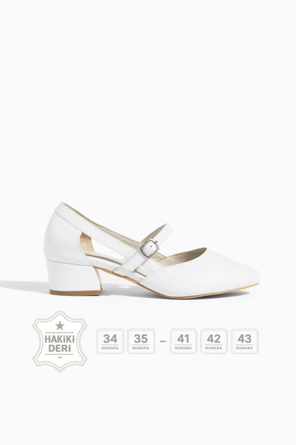 Elara White Genuine Leather Women's Low Heel Shoes, Sizes 34-43, Comfortable and Stylish Design