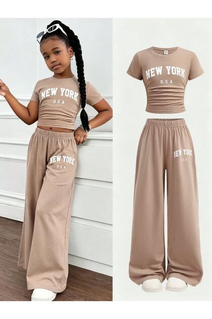Printed Top, Cropped Bottom, Printed Wide-Leg Sweatpants Set, Cotton