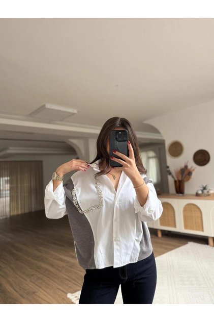 Women's Knitwear Poplin Stone Detail Long Back Style Cotton Shirt