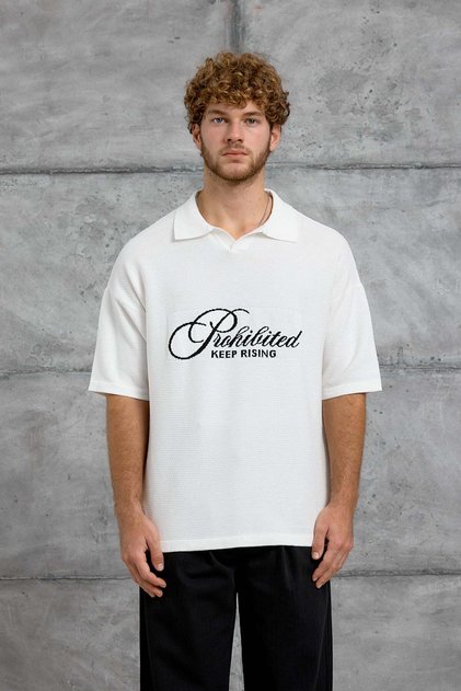 Ανδρικό T-Shirt DP KEEP BAKILI TRİKO Λευκό Oversize Πλεκτό με λαιμόκοψη πόλο