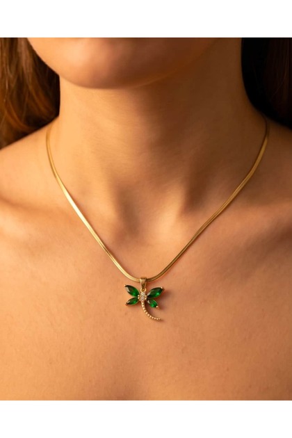 Viridra Zircon Stone Green Dragonfly Steel Necklace