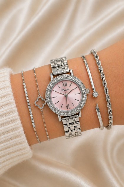 Retro Women's Wristwatch Rhinestone Bezel Pink Dial Steel Band Stylish Elegant Bracelet Watch