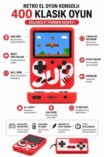 400 Nostalji Oyunlu Mini Atari Karışık Renk Çift Kol Kırmızı Beyaz Sarı Mavi Siyah