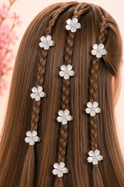 Pink Flower Figured Clip-In Hairpin Set – Stylish Braided Hair Accessory with Stone Detail, for Girls & Teenagers