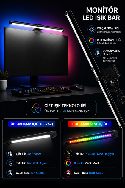 Dokunmatik Monitör Üstü LED Aydınlatma RGB Ambiyans & 3 Renk Işık Ayarlanabilir