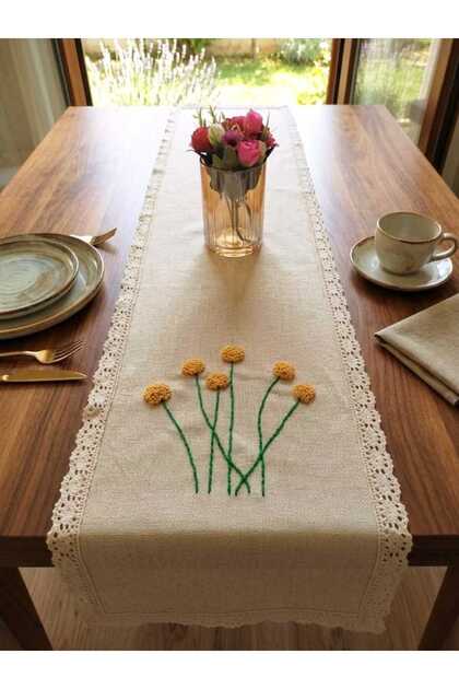 100% Handmade Embroidered Vintage Laced Natural Linen Fabric Nature Themed 30X90 cm Runner