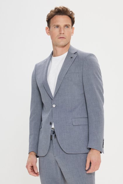 Men's Gray Slim Fit Mono Collar Tie-Waist Seersucker Patterned Suit