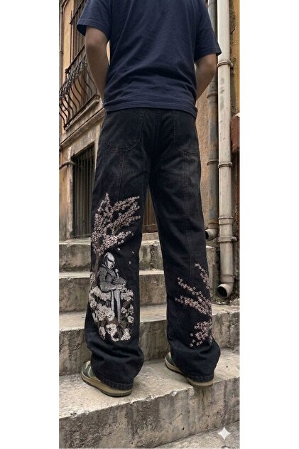 希少　00s archive 和柄　easy denim pants y2k Karakedi Harajuku Samurai Sakura Flower Embroidered Y2K Unisex