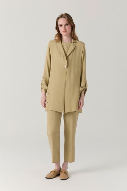 Double-Breasted Collar Textured Minimal Beige Suit 1909