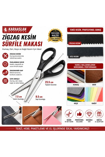 Sürfile Makası 23,5 cm – Zigzag Zikzak Kesim Paslanmaz Çelik Terzi Makası, Kumaş İnce Deri Keçe Kağıt