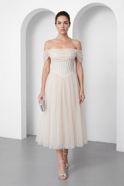 Rochie de seară midi, bej, cu guler barcă, cu sclipici, pentru femei