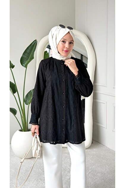 Önü Güpür Detaylı Oversize Gömlek (Tunik)