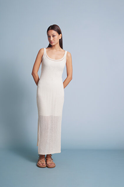U-Neck Long Openwork Dress Ecru