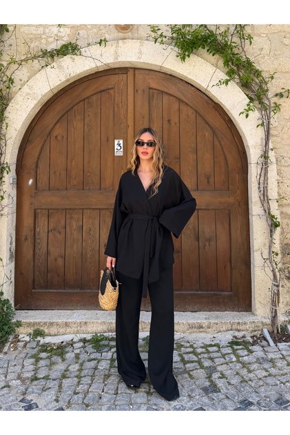 Black Single Button Belted Kimono Set - 007