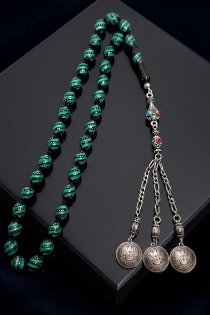 Camel Bone Green and Black Aleppo Tasseled Giant Size Prayer Beads