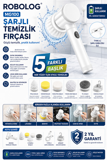 5 Başlıklı Şarjlı Elektrikli Temizlik Fırçası Bulaşık, Küvet, Lavabo, Mutfak Ve Banyo MG100