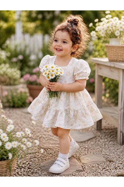Girl's Floral Patterned Muslin Dress with Ruffle Detail Summer Wedding Birthday Dress