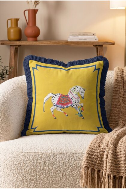 Fringed Cushion Cover with Spotted Decorative Horse Motif - Ethnic Cover with Navy Blue Tassels and Yellow Background
