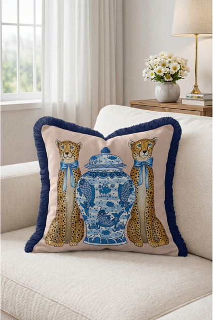 Leopard Figured Blue and White Chinoiserie Vase Patterned Fringed Throw Pillow Cover - Navy Blue Tasseled Exotic