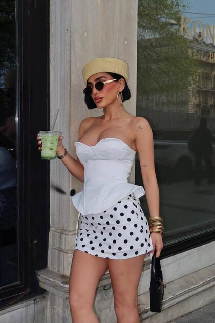 Women's White Polka Dot Mini Skirt with Shorts Yel221833
