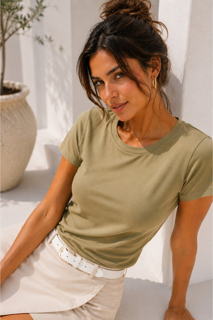 Women's Khaki Viscose Crew Neck Short Sleeve Basic T-Shirt