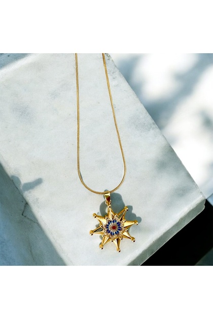 Star and Evil Eye Beaded Steel Necklace Gold Color Modern Design