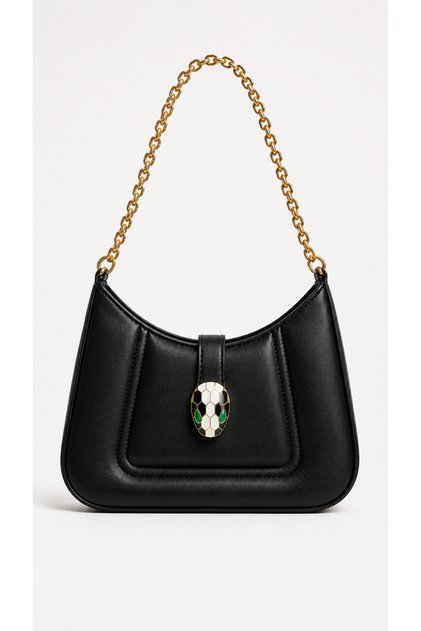 Black Leather Look Gold Color Chain Strap Women's Shoulder Bag with Snake Figure Detail