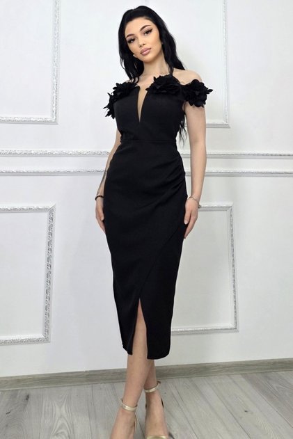 Rochie bodycon midi, SEVRIA, stil cu umerii goi, cu detalii florale, NEGRU