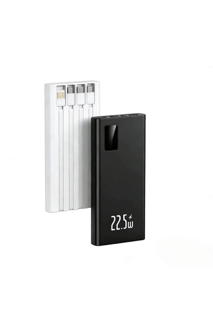 Black and white portable power bank, 20,000mAh capacity.supports fast charging, lightweight and portable, a must-have for commuting, built-in 4-in-1 USB-C charging cable.