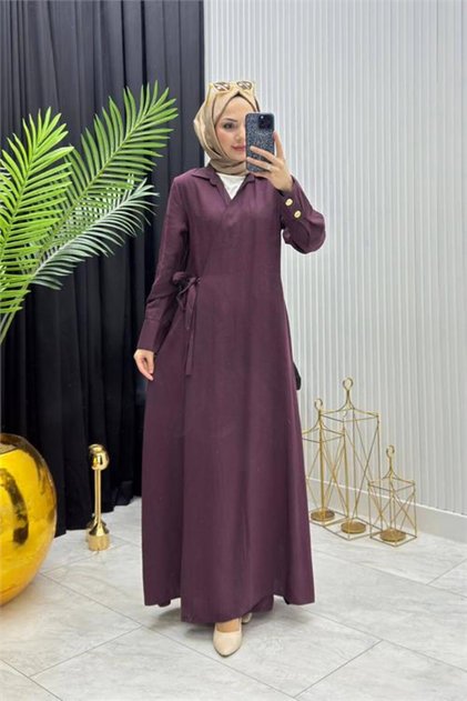 Rochie de damă, culoare burgundă, cu detalii cu nasturi, stil hijab, tip ferace --- NMS097