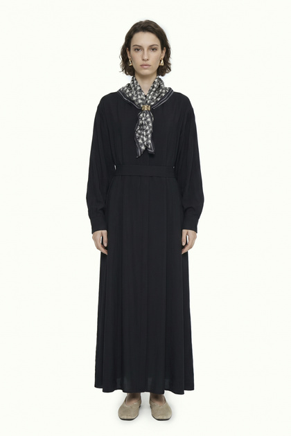 Flowing Black Dress with Belted Shawl Detail 0579