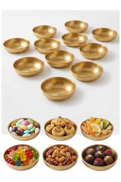 12 Adet Lüks Gold Metal Çerezlik Seti - 10 cm Dekoratif Sosluk ve Sunum Kasesi