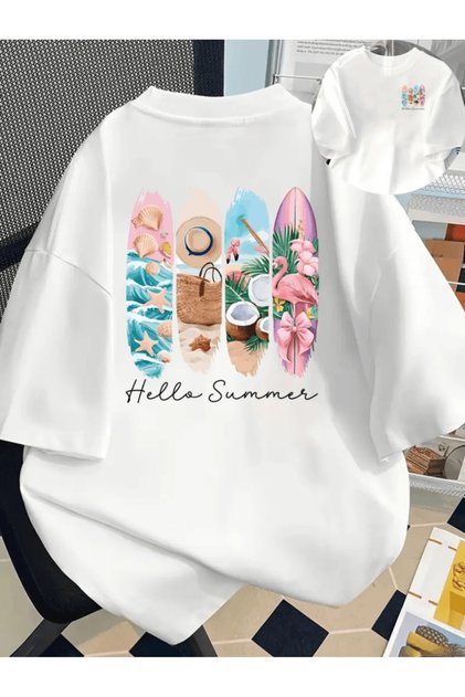 Hello Summer Introduction to the Summer Month Themed Double-Sided Printed Premium Oversize T-Shirt
