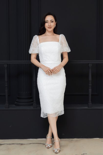 Square Neck Beaded Pencil Dress - White