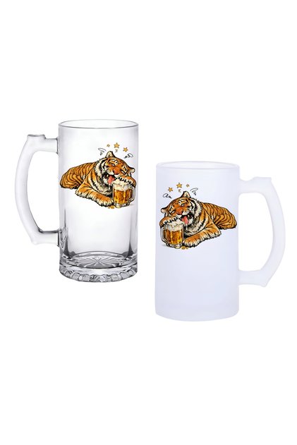 Drunk Tiger Beer Glass with Handle, Available in Frosted or Transparent Options 0193
