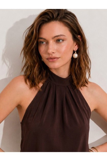 Women's Dark Brown Halter Neck Button Detailed Sleeveless Pleated Sandy Fabric Blouse