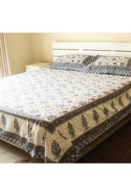 Bedsheet and 2 Pillow Covers – Ash Colour and Brown print