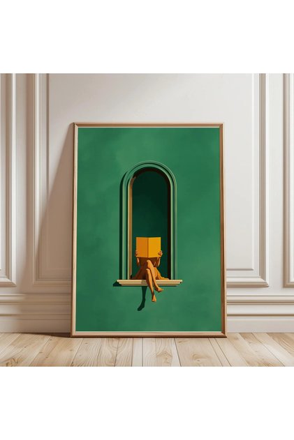 Emerald Green Woman Reading Print-Green Wall Art, Library, Book Lover Gifts, Minimalist Decor, Dopamine Decor, Reading Nook Bedroom Wall Art