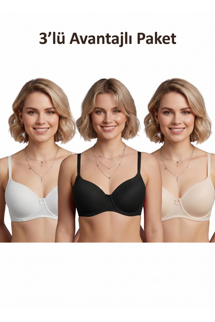 Micro Fabric Ribbed Support Wire Bra (3-Piece Advantage Pack - Black, Ecru & Nude Color)