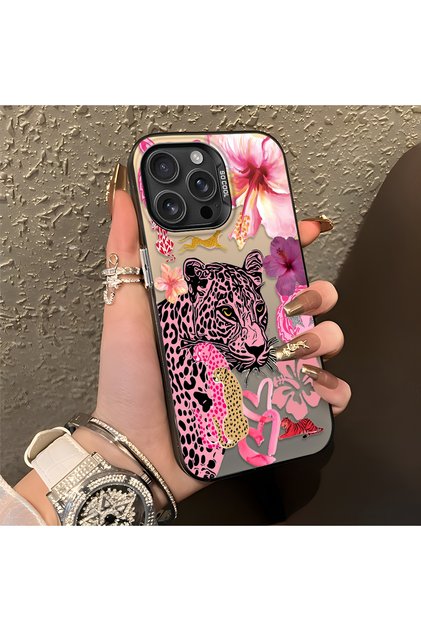 iPhone 16 Pro Compatible Silicone Edge Hard Back Case Couple Phone Case Leopard Pattern